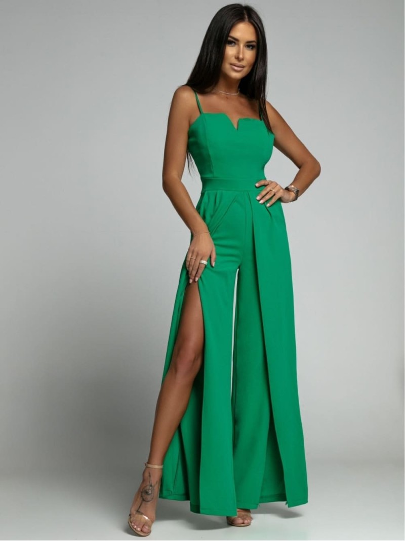 Elegant jumpsuit with straps and slits, green AZRT035